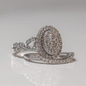 Antique White Gold Duo, Parisian Pavé Diamonds, Halo Set, w/ Diamond Shadow Band
